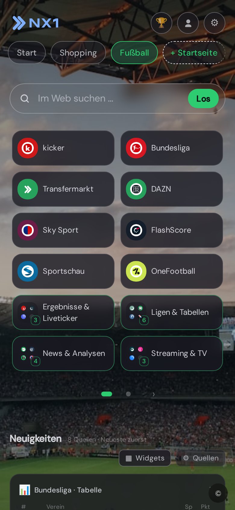 Fußball-Startseite in NX1 (Mobile-Screenshot)