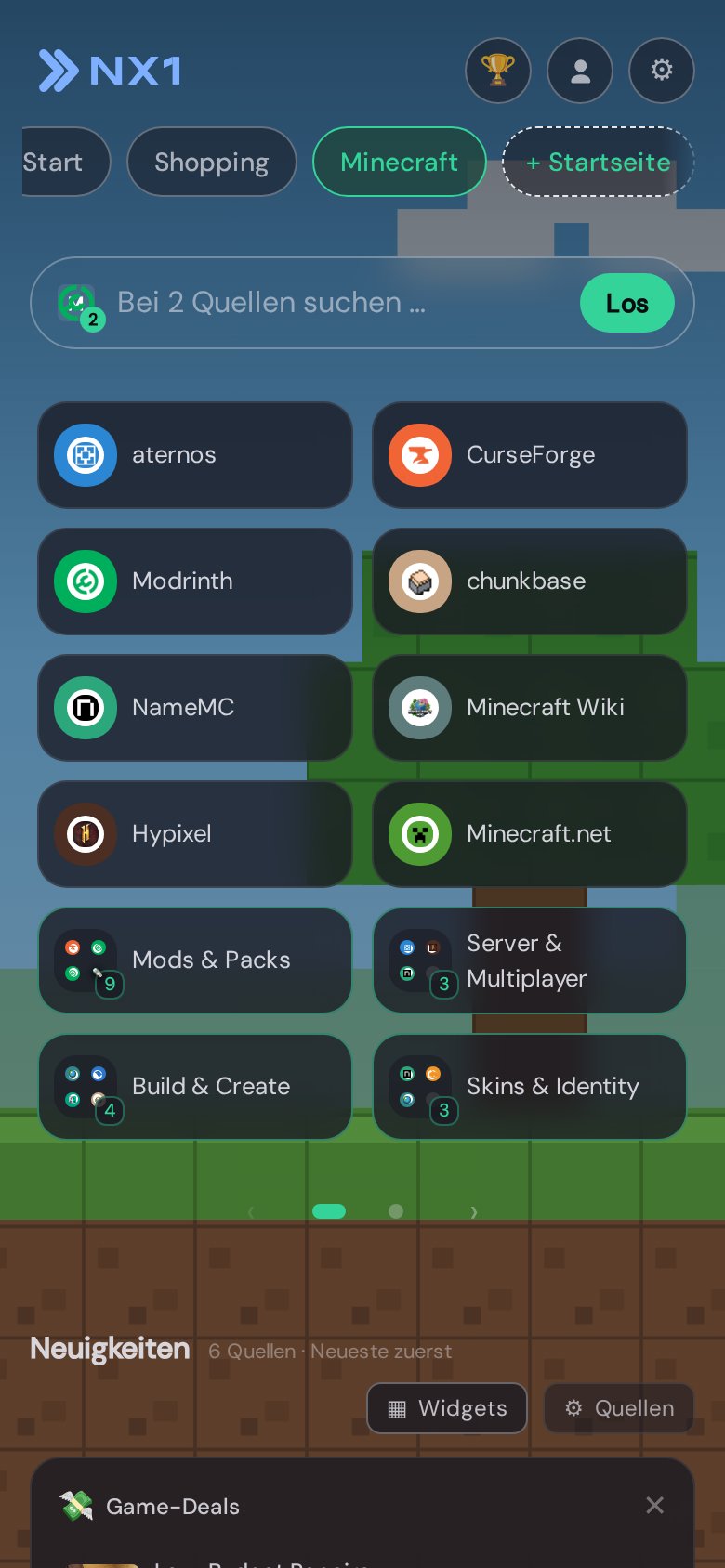 Minecraft-Startseite in NX1 (Mobile-Screenshot)
