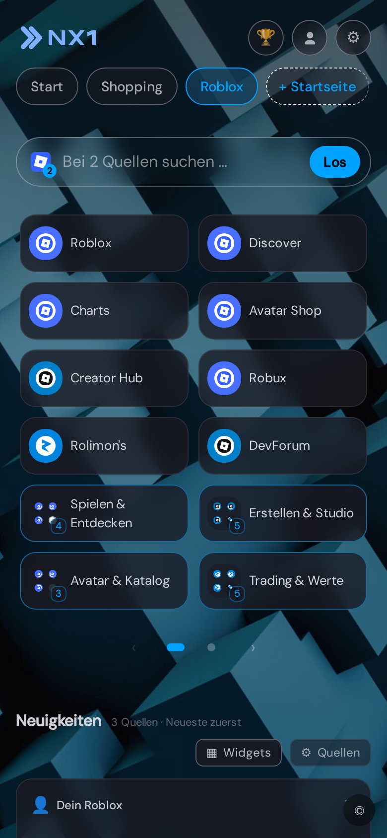 Roblox-Startseite in NX1 (Mobile-Screenshot)