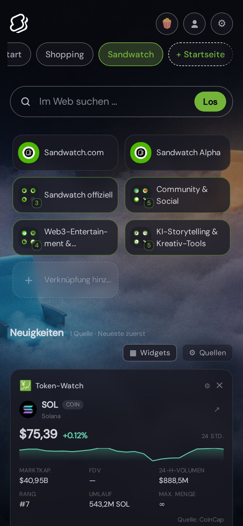 Sandwatch-Startseite in NX1 (Mobile-Screenshot)