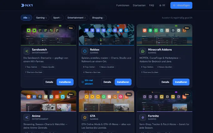 Die Startseiten-Galerie auf nx1-app.com: veröffentlichte Startseiten von Communities und Partnern, installierbar mit einem Klick.