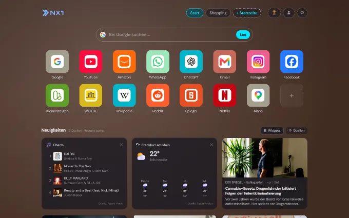 Dieselbe Startseite im dunklen Look — Hell und Dunkel lassen sich global festlegen oder pro Startseite aus dem Hintergrund ableiten.