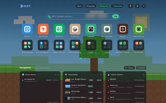 Eine Themen-Startseite (Minecraft): eigener Hintergrund, thematische Kachel-Ordner und Live-Widgets für Server-Status, Game-Deals und Twitch.