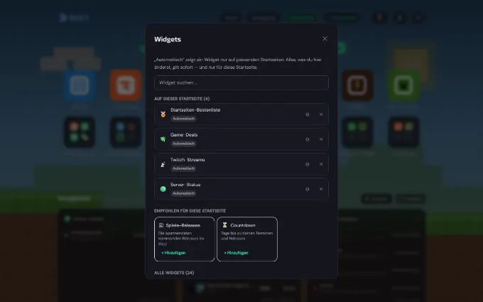 Das Widget-Menü: mehr als 20 Widgets, pro Startseite einzeln zuschaltbar — Sport, Gaming, Unterhaltung, Finanzen, Praktisches.