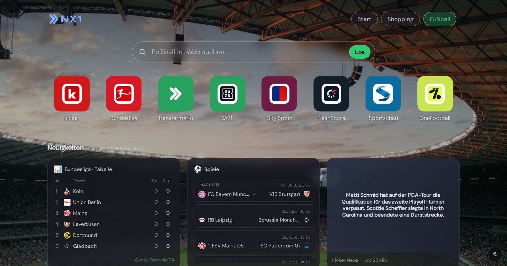 Fußball-Startseite in NX1 (Desktop-Screenshot)