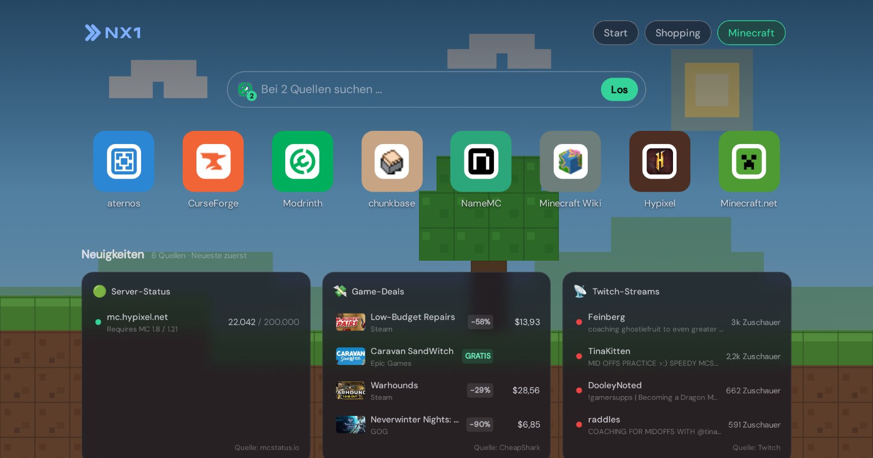 Minecraft-Startseite in NX1 (Desktop-Screenshot)