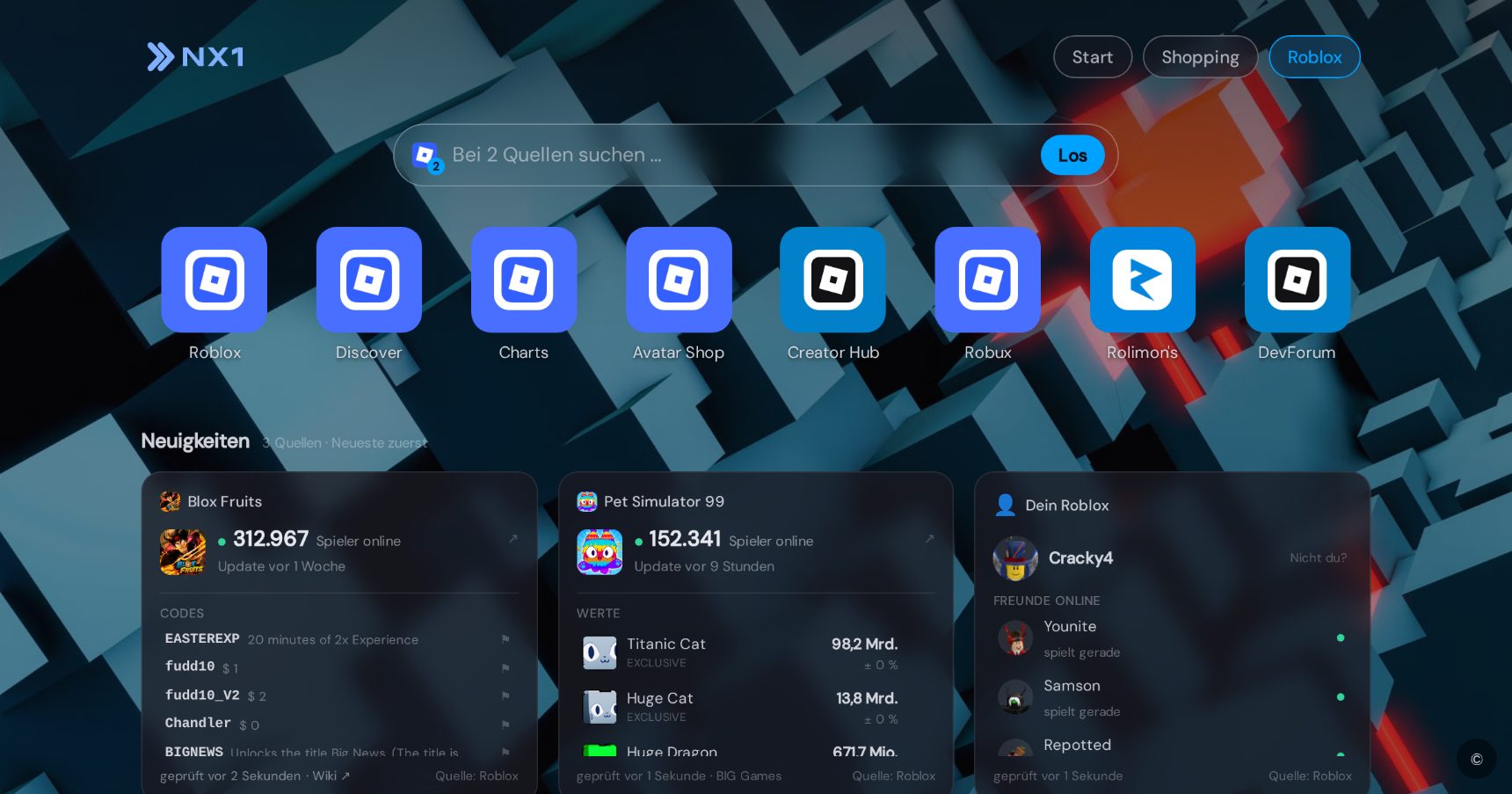 Roblox-Startseite in NX1 (Desktop-Screenshot)