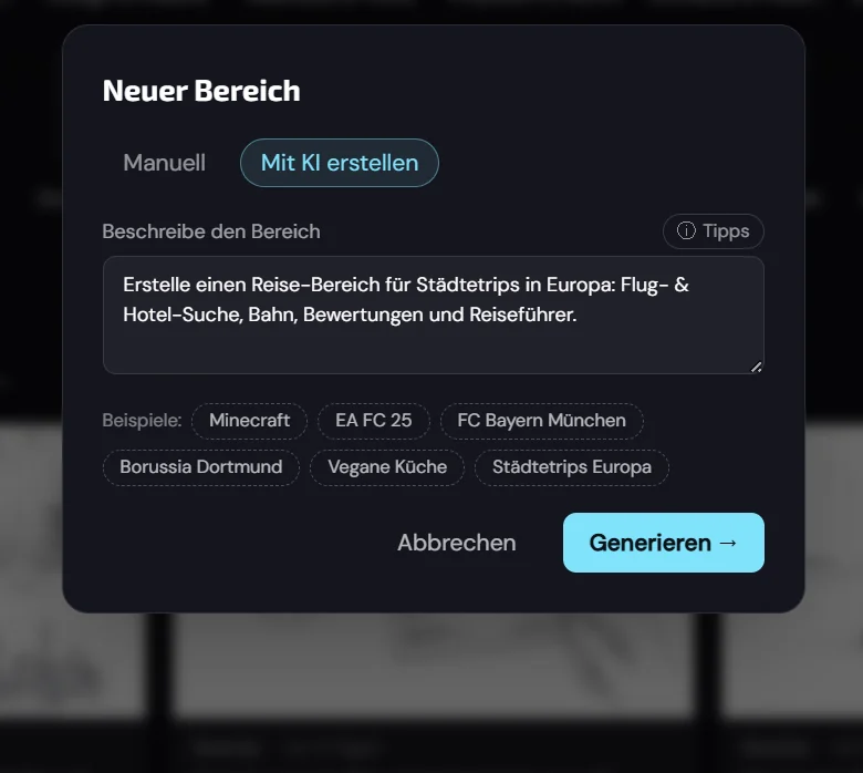 Neuen Bereich per KI beschreiben und als fertige Vorschau anpassen (1/2)