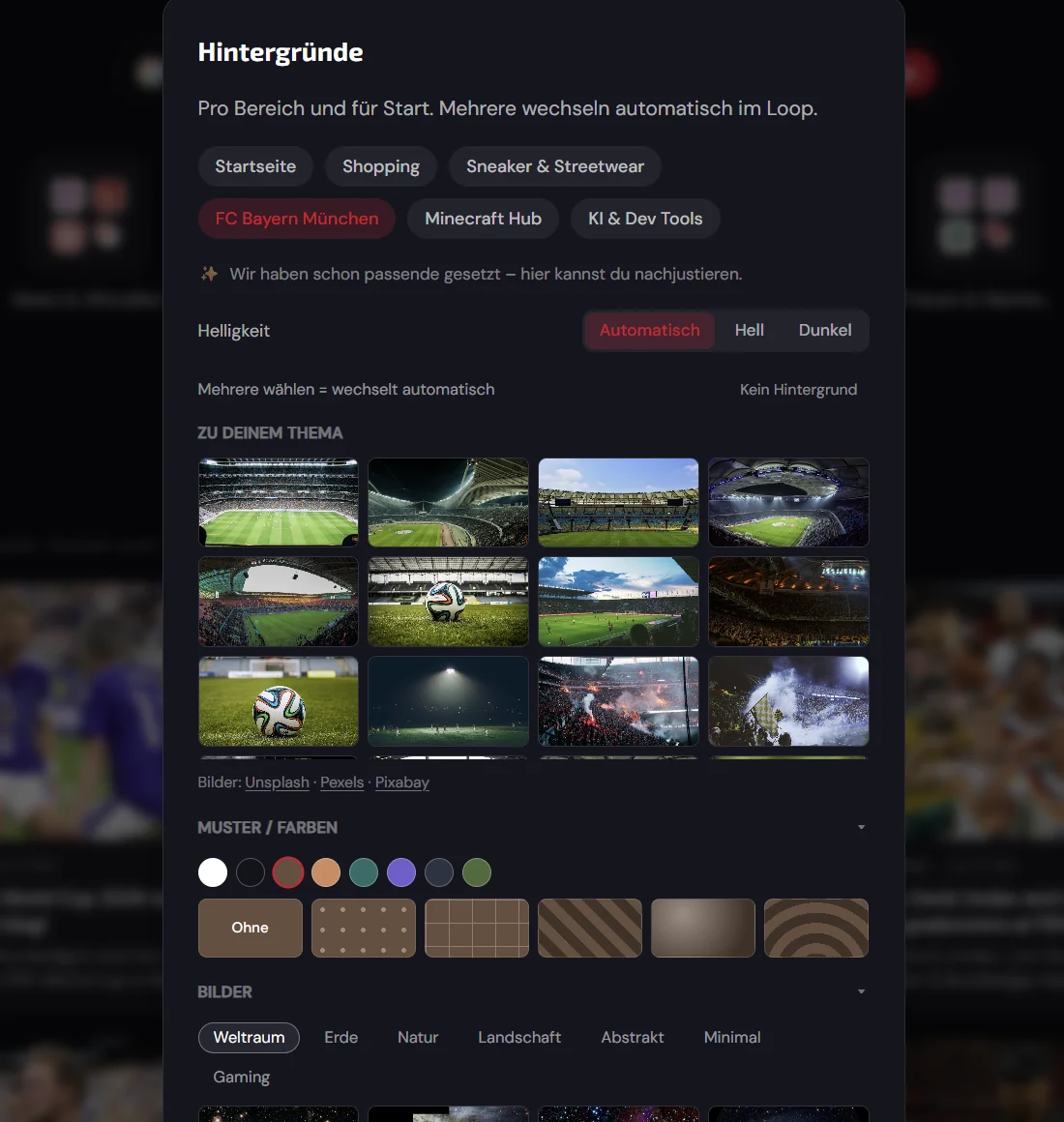 Hintergrund-Auswahl pro Bereich mit Hell/Dunkel-Automatik (1/3)