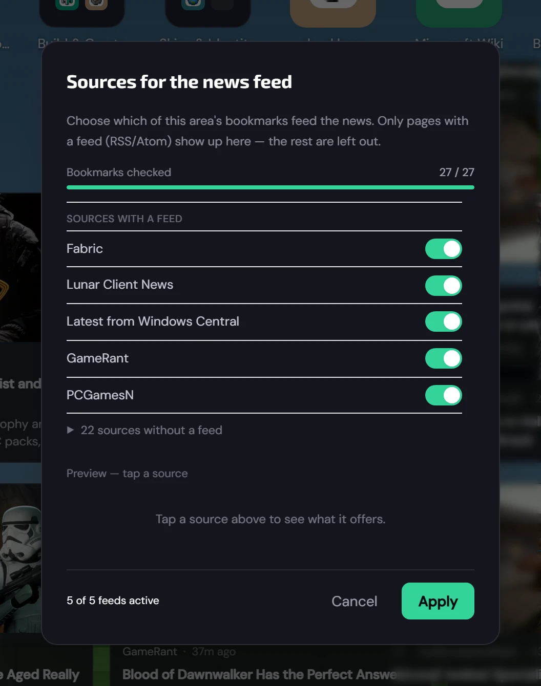 Selezione delle fonti e feed magazine di una pagina iniziale