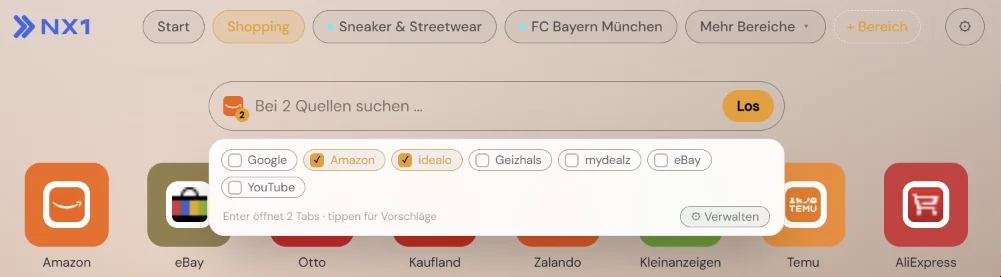 Suchleiste mit Quellen-Cockpit